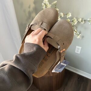 Birkenstock Taupe Suede Clogs
